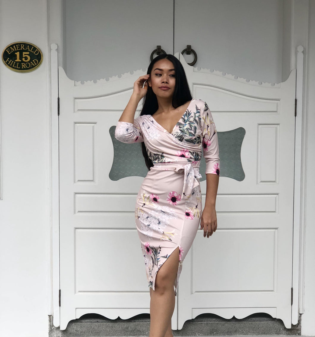 Floral Waist-Tie Slit Midi