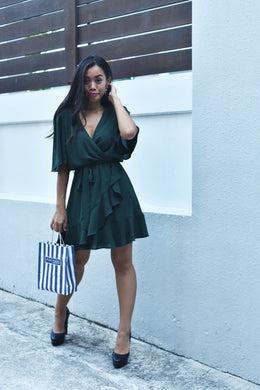 Ruffled Waist-Tie Dress in Deep Green