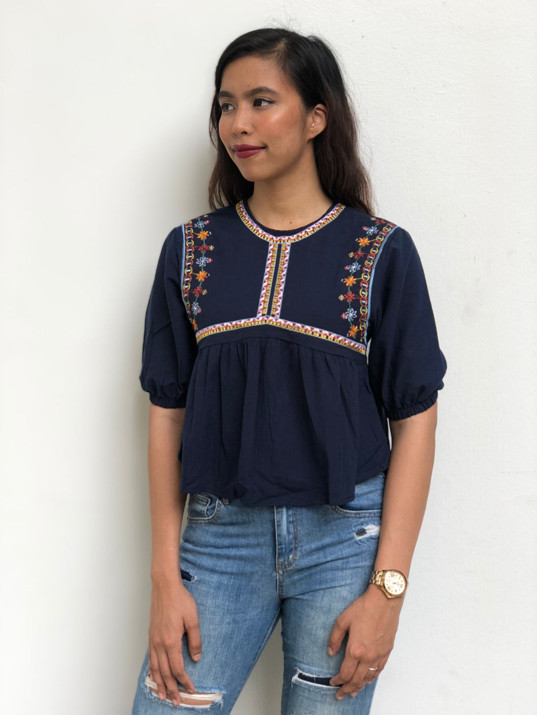 Embroidered Lantern Sleeved Babydoll Top