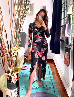 Floral Bodycon Slit Max-Midi (Long Sleeves)