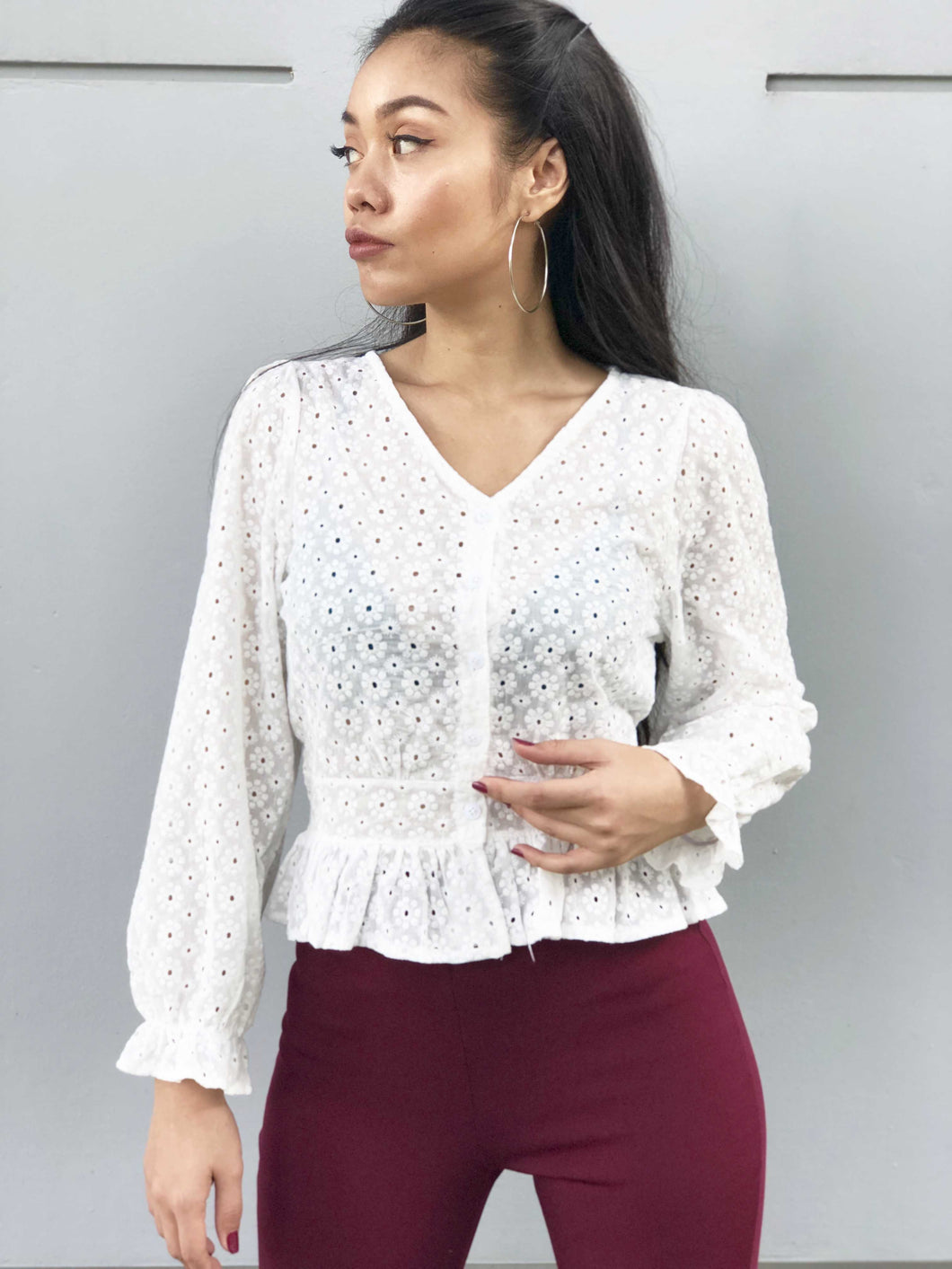 Eyelet Buttoned Peplum Top