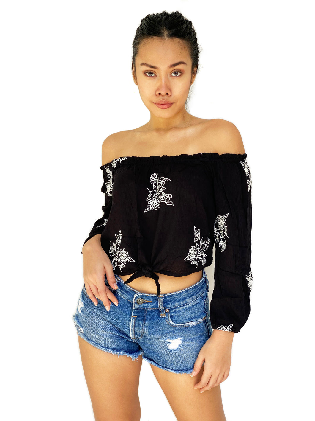 Embroidered Bardot Crop Top [BACKORDER]
