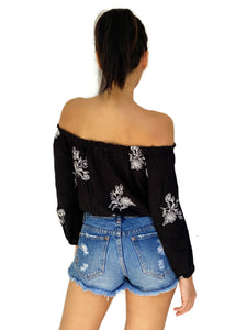Embroidered Bardot Crop Top [BACKORDER]
