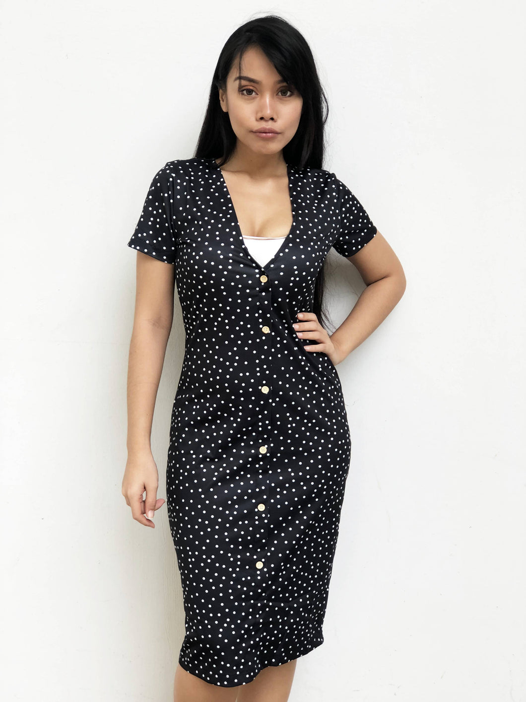 V-Neck Buttoned Midi Dress