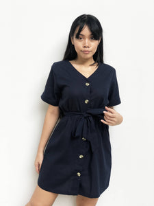Buttoned Waist-Tie Linen Dress