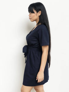 Buttoned Waist-Tie Linen Dress