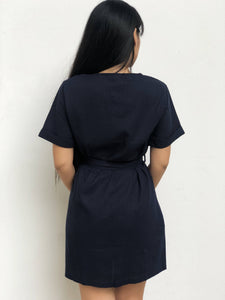 Buttoned Waist-Tie Linen Dress