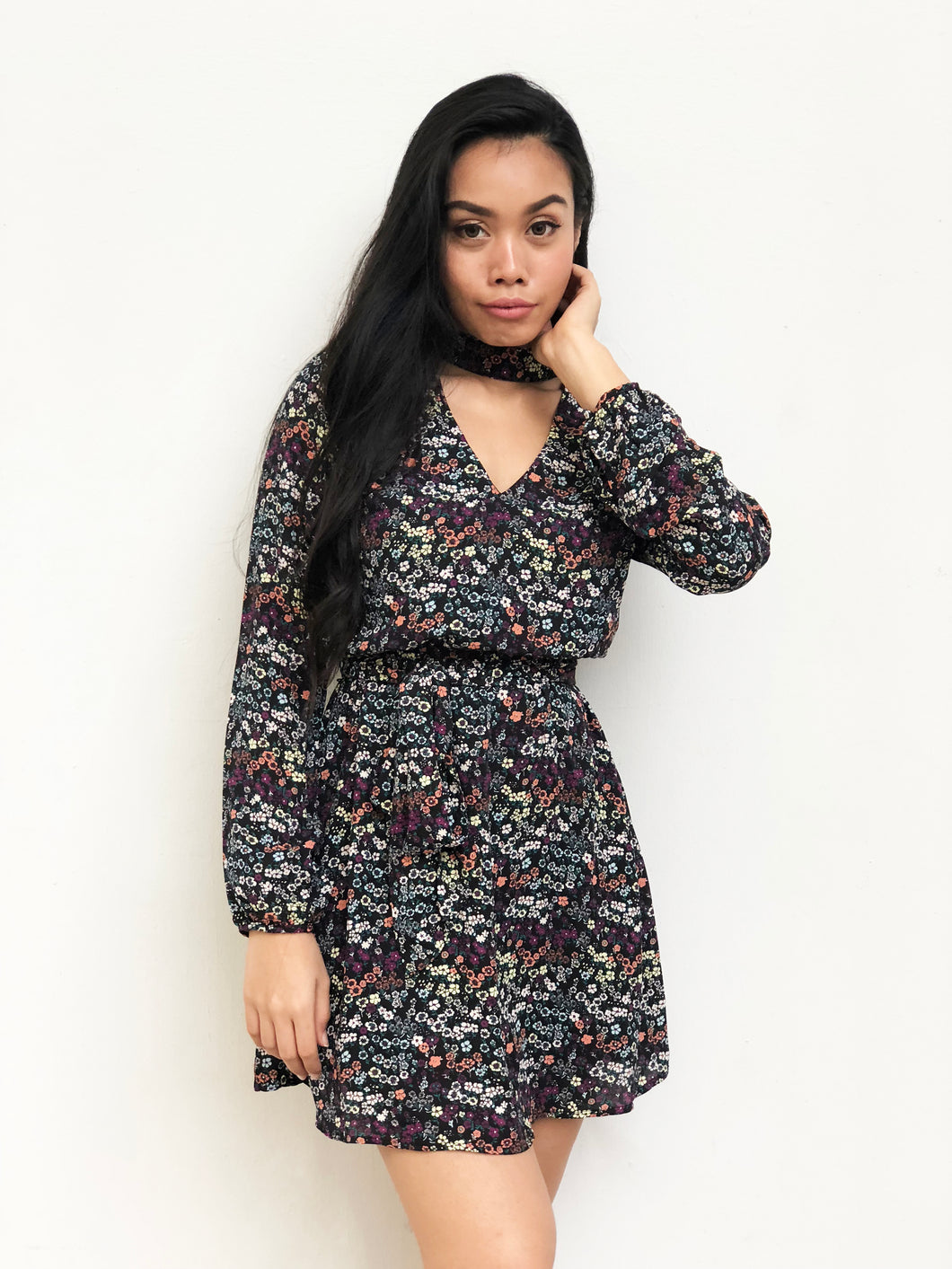 Choker Floral Waist-Tie Dress