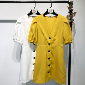 Puff-Sleeved Breasted Shift Dress