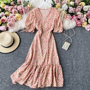 Floral Ribbon-Sleeved Midi
