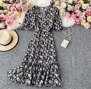 Floral Ribbon-Sleeved Midi