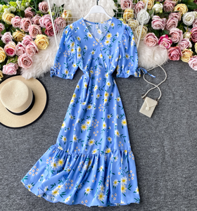 Floral Ribbon-Sleeved Midi