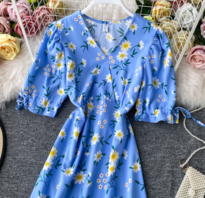 Floral Ribbon-Sleeved Midi