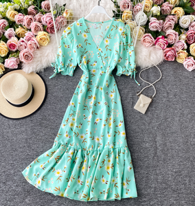 Floral Ribbon-Sleeved Midi