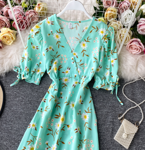 Floral Ribbon-Sleeved Midi