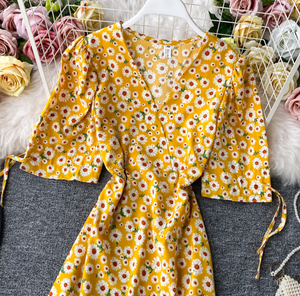 Floral Ribbon-Sleeved Midi