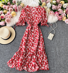 Floral Ribbon-Sleeved Midi