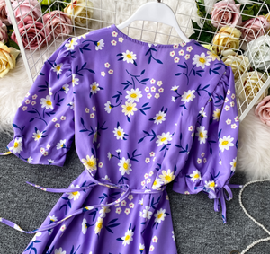 Floral Ribbon-Sleeved Midi