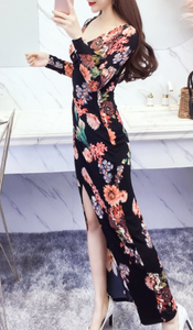 Floral Bodycon Slit Max-Midi (Long Sleeves)