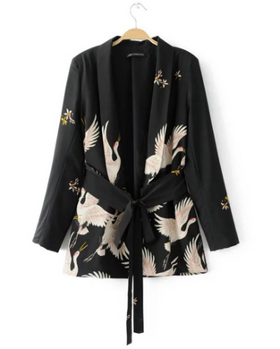 Heron Print Waist-tie Blazer