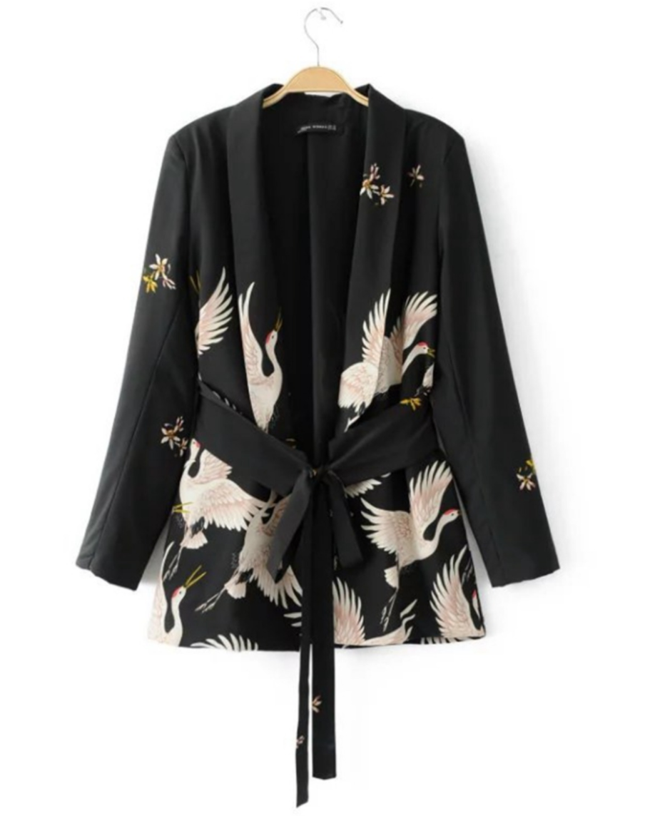 Heron Print Waist-tie Blazer