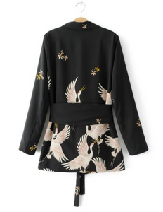 Heron Print Waist-tie Blazer