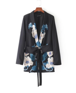 Oriental Print Waist-tie Blazer