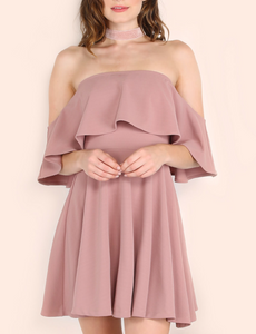Frill Bardot Skater Dress (Mauve)