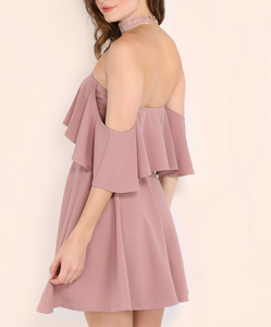 Frill Bardot Skater Dress (Mauve)