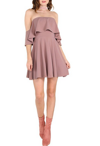 Frill Bardot Skater Dress (Mauve)