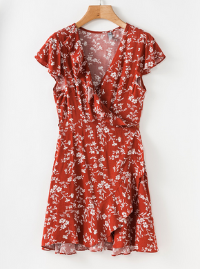 Burnt Orange Floral Wrap Dress