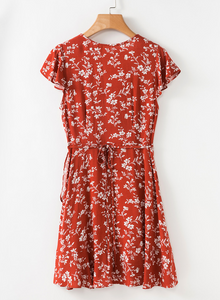 Burnt Orange Floral Wrap Dress