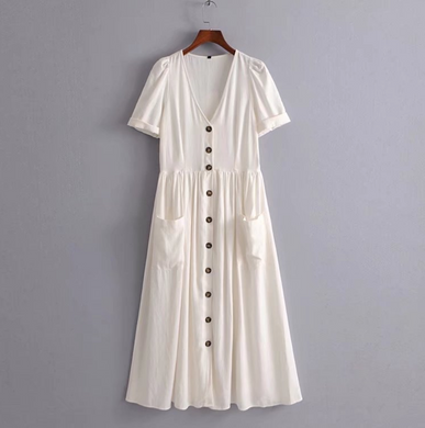Buttoned Linen Midi Dress