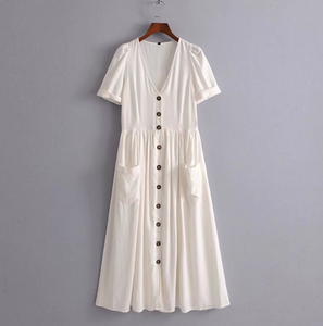 Buttoned Linen Midi Dress