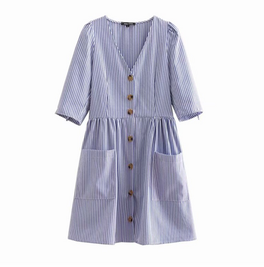 Pinstriped Buttoned Linen Dress