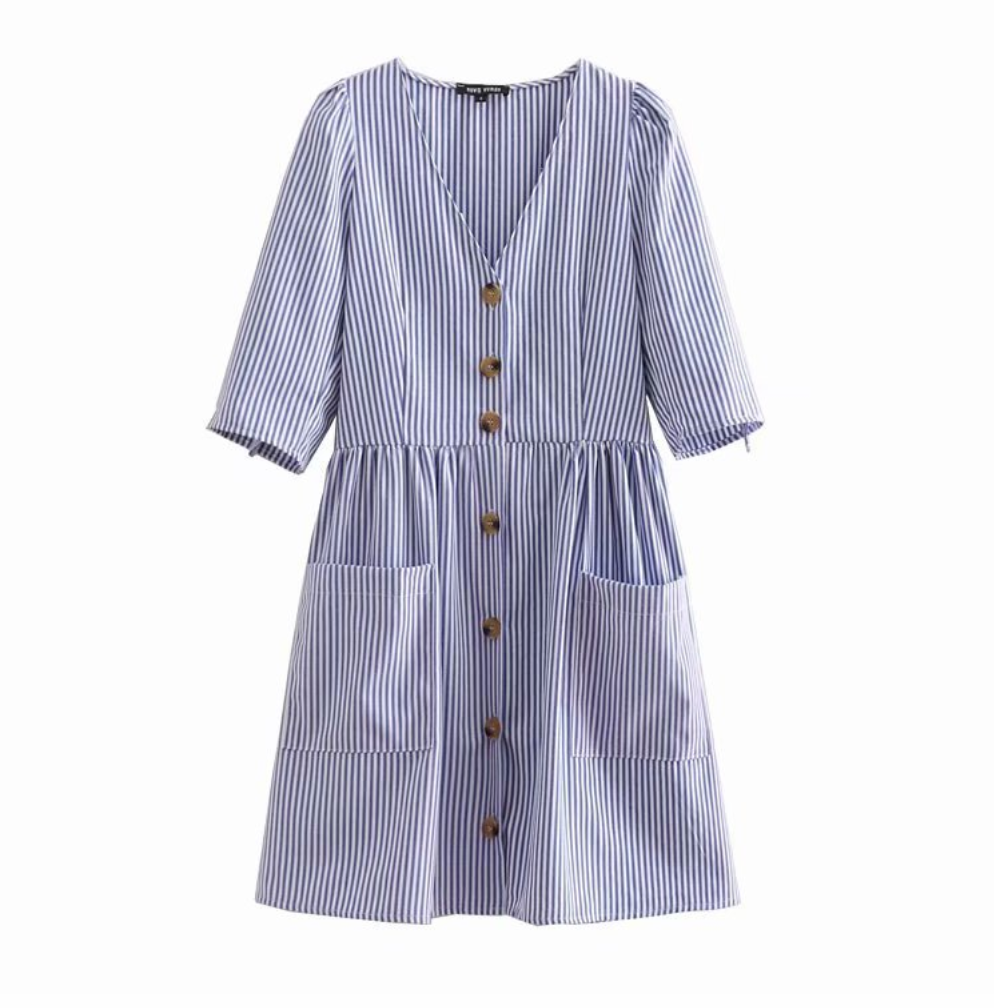 Pinstriped Buttoned Linen Dress