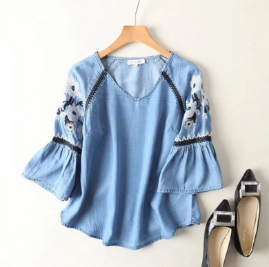 Embroidered Trumpet Sleeved Denim Top