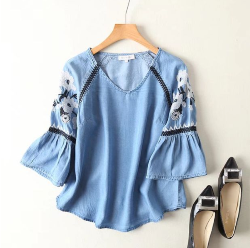 Embroidered Trumpet Sleeved Denim Top