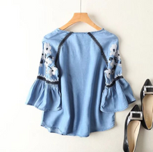Embroidered Trumpet Sleeved Denim Top