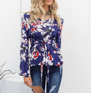 Floral Print Waist-Tie Blouse