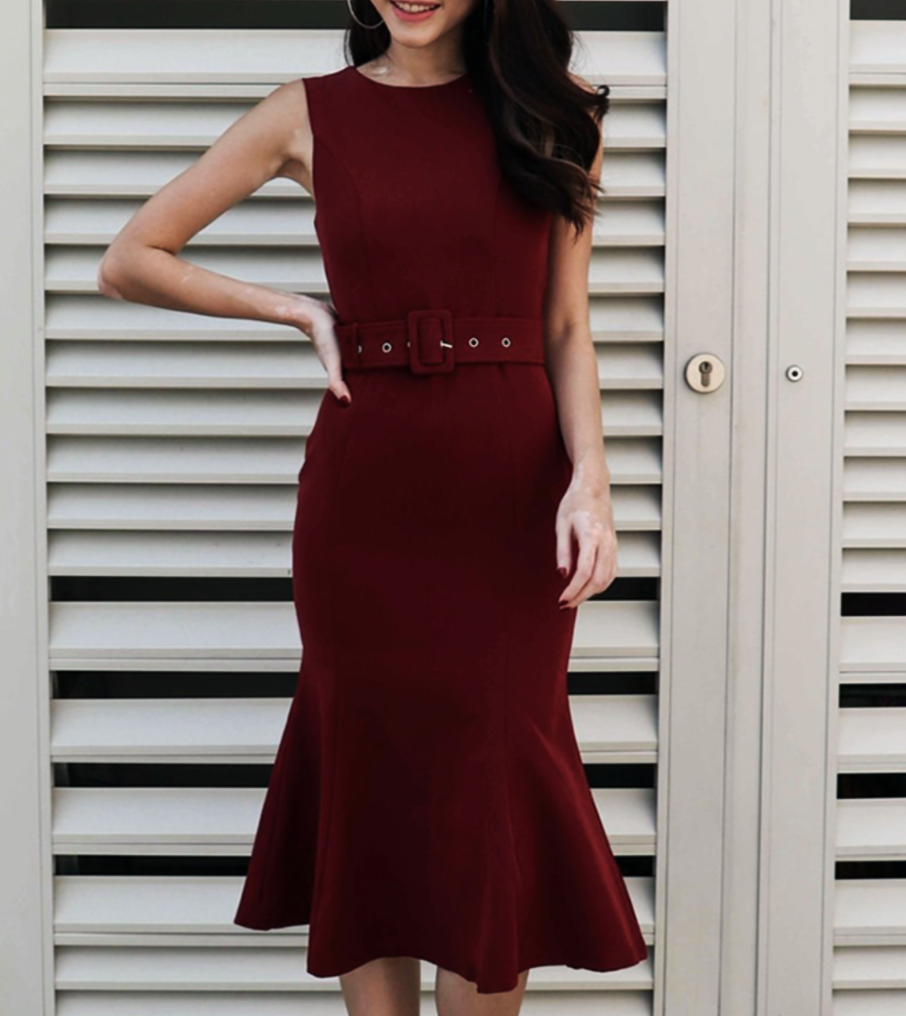 Belted Fishtail-Skirt Midi Dress [PREMIUM]
