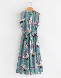Crane Print Sleeveless Midi Jumpsuit