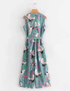 Crane Print Sleeveless Midi Jumpsuit