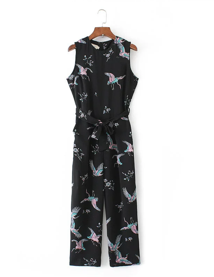 Crane Print Sleeveless Midi Jumpsuit