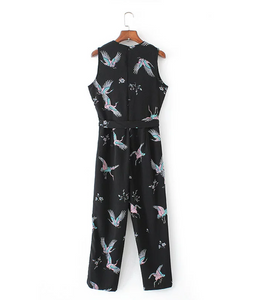 Crane Print Sleeveless Midi Jumpsuit
