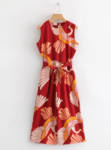 Crane Print Sleeveless Midi Jumpsuit