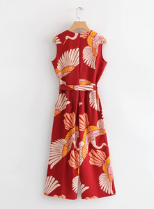 Crane Print Sleeveless Midi Jumpsuit