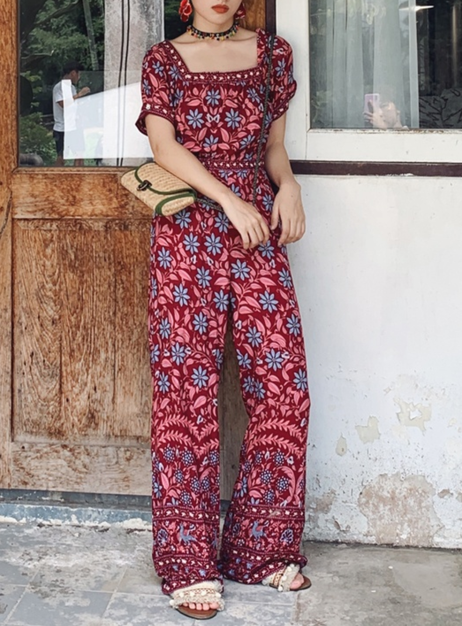 Retro-Print Low-Back Jumpsuit