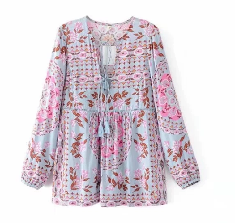 Double-Ribbon Printed Tunic Blouse