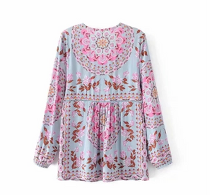 Double-Ribbon Printed Tunic Blouse